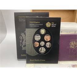 Coins and stamps, including The Royal Mint Great Britain 1970 coin set in plastic holder, 2006 'Brunel' coin cover containing two commemorative two pound coins, Alderney 2006 sterling silver proof five pounds, two 2007 five pound coins in card folders, two limited edition mint first class stamp sheets each comprised of ten first class stamps, various first day covers many with special postmarks housed in 'Royal Mail' boxes etc