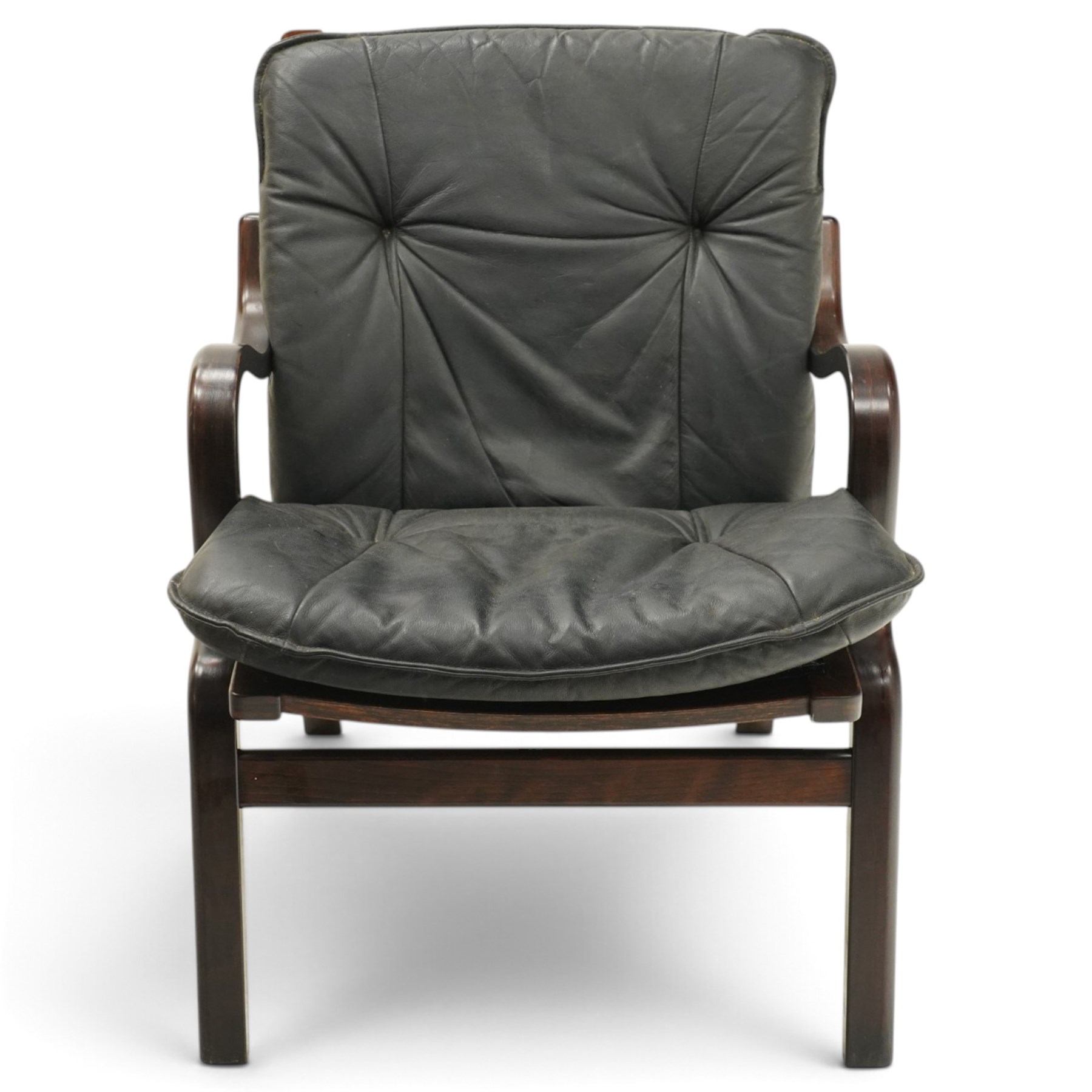 Mid-20th century Danish stained bentwood framed easy armchair, slatted back over shaped arms, mesh seat and rear-splayed supports, with black leather-upholstered loose back and seat cushions 