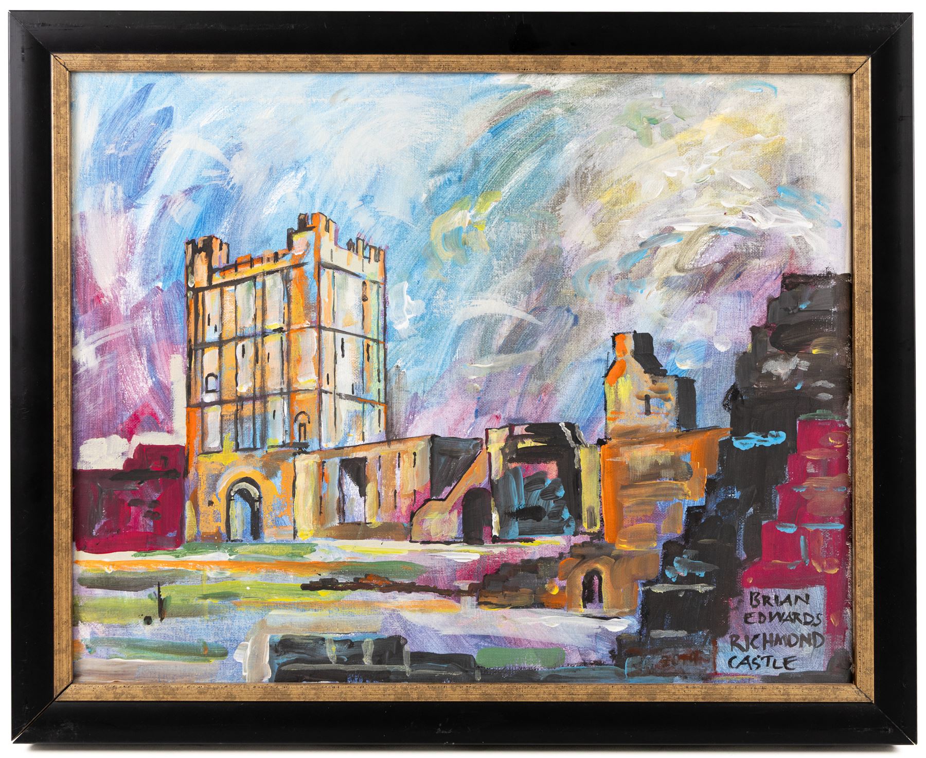 Brian Edwards (British 1944-): 'Richmond Castle', acrylic on canvas signed and titled 39cm x 50.5cm
Notes: Dr Brian Edwards is Emeritus Professor of Architecture at ECA Edinburgh University. He is the author of the book ‘Understanding Architecture through Drawing’, has exhibited at the Edinburgh Festival, the RSA and architecture section of the RA Summer Exhibition. As a retired architect, his paintings explore the interface between art and architecture