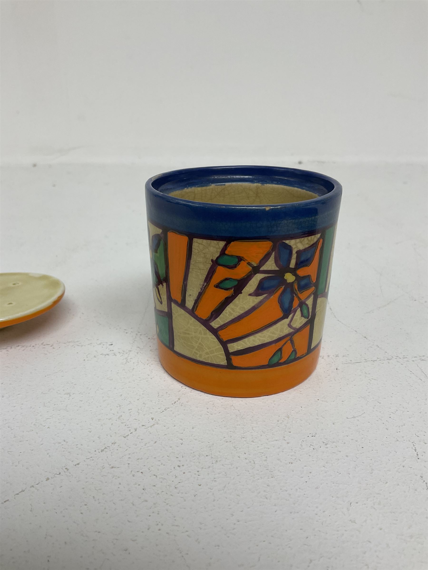 Clarice Cliff Fantasque for Wilkinson Pottery preserve pot, circa 1928, of drum form decorated in Sunray Leaves pattern, H8cm