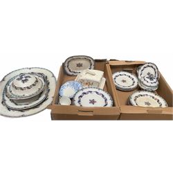 Quantity of Victorian tea and dinner wares to include dinner plates, meat plates and lidded tureens stamped ‘Australian W B’, blue floral tea wares stamped ‘Alton England’ and cheese dome etc