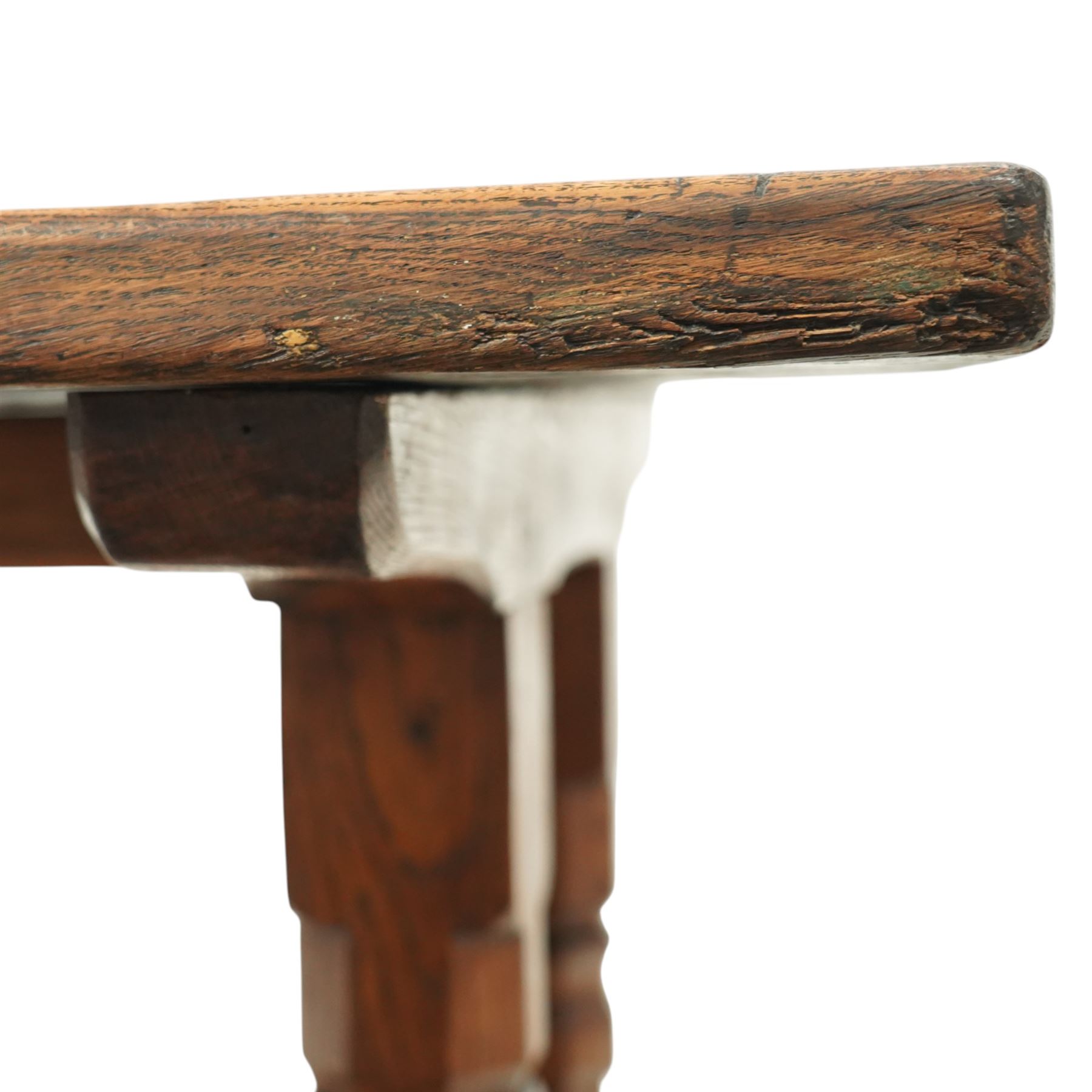 Mouseman - 1937 refectory table, Sir Herbert Baker commission for Westminster Church House, the rectangular adzed plank top above twin octagonal baluster supports united by a pegged stretcher, raised on shaped sled bases carved with a partridge and a loaf of bread, with carved mouse signature to inside leg, by Robert Thompson of Kilburn

The carved loaves reference the original patron, while the partridges are thought to represent Frank Partridge, Bishop of Portsmouth from 1877 to 1941, who played a key role in the founding of Church House and served as its Secretary from 1936 until 1941

Reference
Christie’s ROBERT “MOUSEMAN” THOMPSON; Refectory Table, Lot 188, sold at Christie’s London, commissioned by Sir Herbert Baker KCIE, RA, architect of Church House (opened 1937). Provenance and description available on the Christie’s website
https://www.christies.com/en/lot/lot-4618786