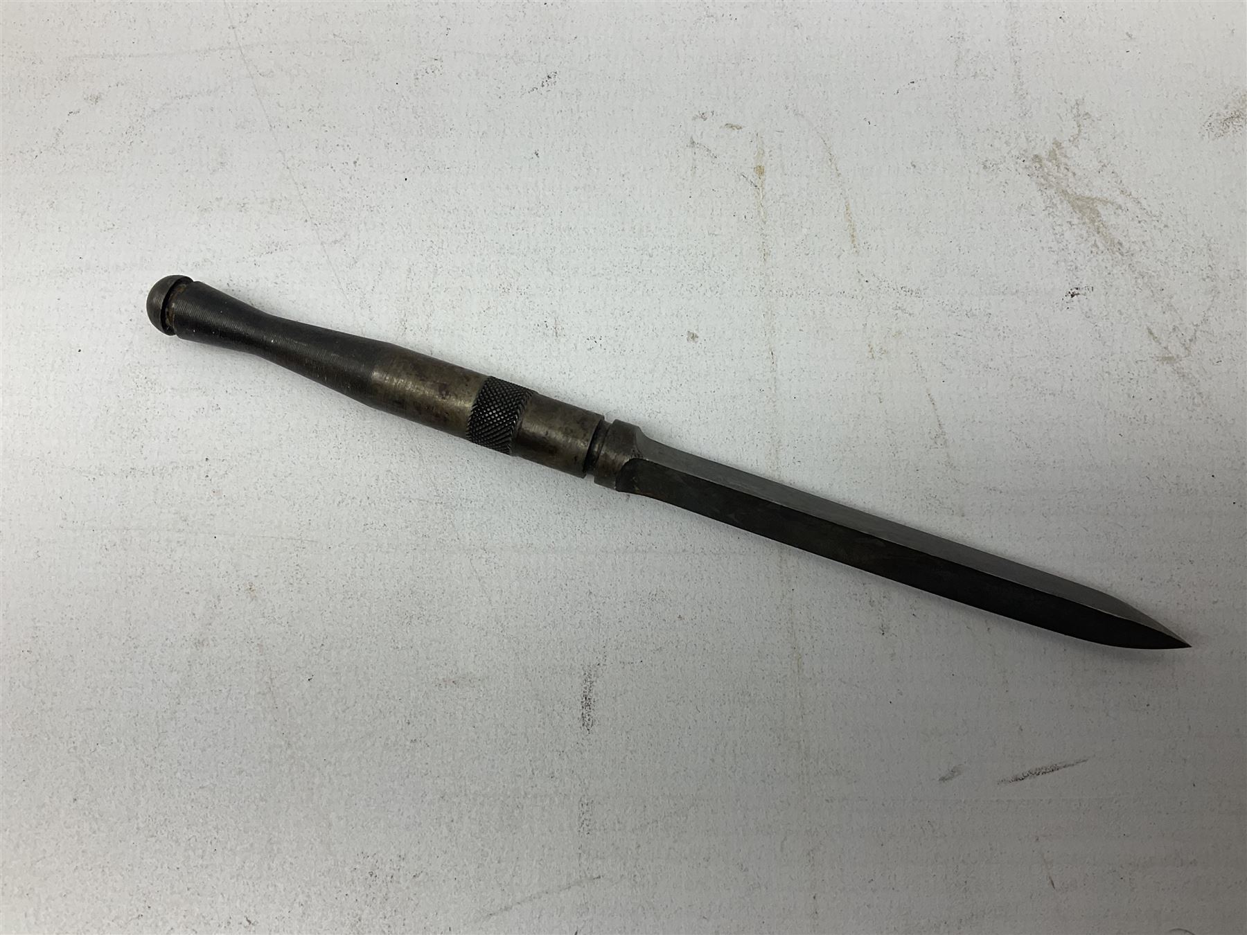 Military interest - Pair of SOE wire cutters by H Brindley; Needle dagger with triform blade 15.5cm; Iron key with secret message compartment; ‘Pill box’ telescope; Wire cutters; Field Engineering and Mine Warware pamphlet No. 7, Booby Traps (6)