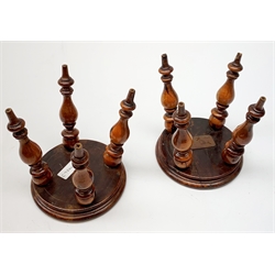 Early 19th century pair of miniature stools, each with mahogany moulded-edged circular top, and raised upon four baluster and ring turned yew wood legs, D14cm, H16cm  