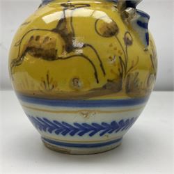 Tin-glaze, twin handled stoneware jar, decorated with hunting scenes on a yellow ground, H14cm 