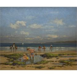 William Burns (British 1923-2010): 'Rock Pools Scarborough', oil on canvas signed, titled verso 50cm x 60cm
Provenance: direct from the artist's family; exh. Campbell's of Walton Street, London. Born in Sheffield in 1923, William Burns RIBA FSAI FRSA studied at the Sheffield College of Art, before the outbreak of the Second World War during which he helped illustrate the official War Diaries for the North Africa Campaign, and was elected a member of the Armed Forces Art Society. On his return to England, he studied architecture at Sheffield University and later ran his own successful practice, being a member of the Royal Institute of British Architects. However, painting had always been his self-confessed 'first love', and in the 1970s he gave up architecture to become a full-time artist, having his first one-man exhibition in 1979.