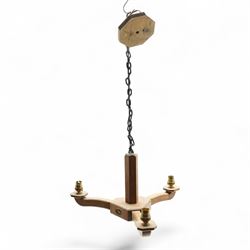 Acornman - oak three branch pendant light fitting, with carved acorn signature, by Alan Grainger of Brandsby, W45cm 