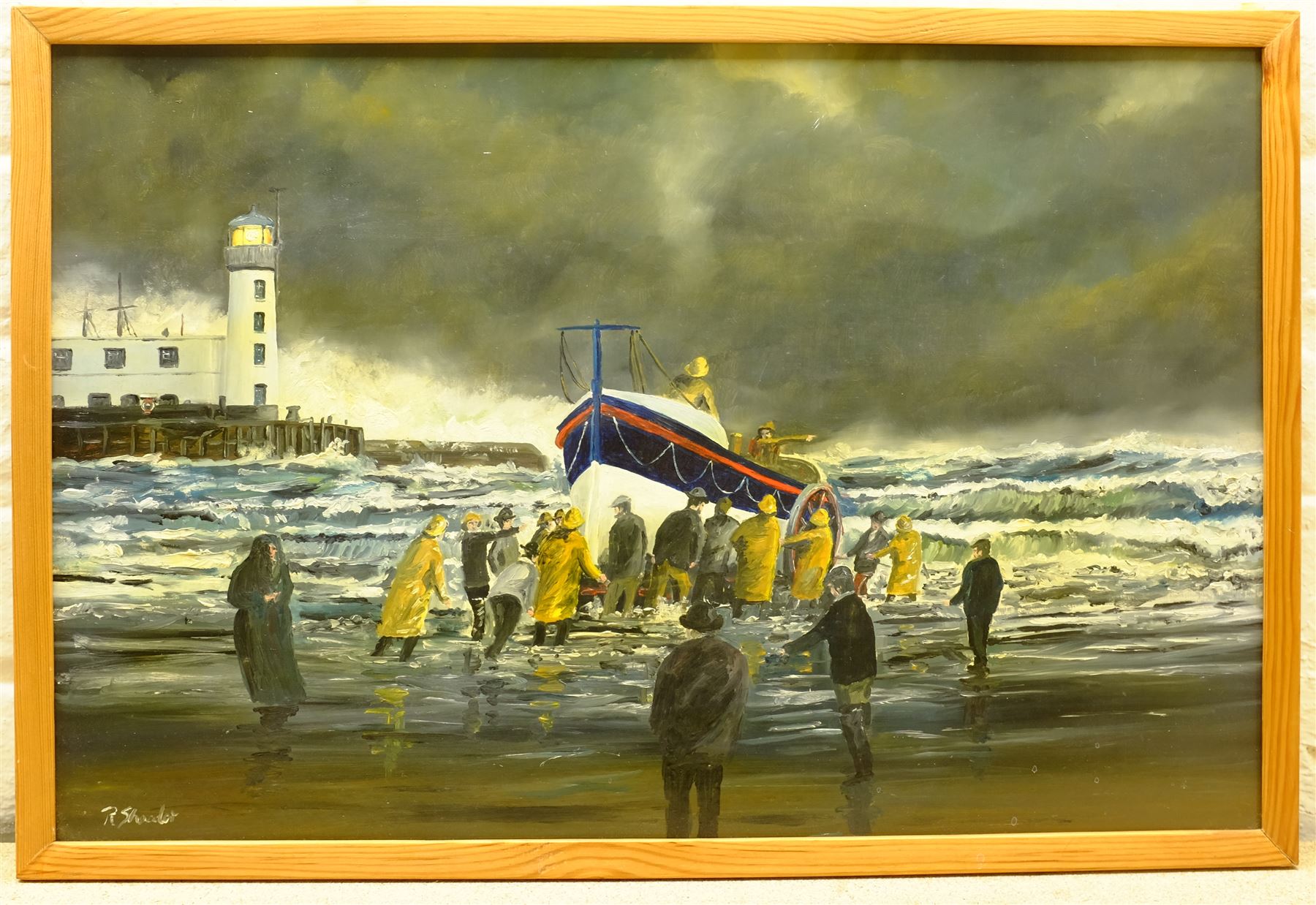 Robert Sheader (British 20th century): Return of the Scarborough Lifeboat, oil on board signed 38cm x 58cm