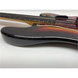 Early 1960s American Fender Precision electric bass guitar with original three-tone sunburst finish and faux tortoiseshell scratch plate; rosewood fretboard; all original fittings including chromium plated bridge and pick-up covers, finger rest, 'pots' and machines, dated on end of neck 5NOV62C, serial no.91625; L115cm overall; in Selmer simulated reptile skin covered carrying case. Sold with non-transferrable CITES A10 licence, certificate no.23GBA10CNKKEB, serial no.441200, dated 30th August 2023. Also included are original 1960s photographs of the band 'The Rascals' and photocopies of newspaper cuttings advertising their forthcoming performances along with a photocopy of a photograph of their television appearance on 'Opportunity Knocks' in 1967/8 (coming second to Mary Hopkins). In addition there is a reel-to-reel tape recording and USB stick of the band playing and two sheets of biographical information. Auctioneer's Note: The guitar was ordered by Trevor Parker from Pat Cornell's Music Shop, Spring Bank, Hull and imported from the USA in 1962, well before it was available in the UK. Trevor was the bass guitarist of The Rascals from Hull, later The Ides of March, who supported artists such as Elton John on the Hull circuit. Trevor played the guitar extensively until 1969 when The Rascals disbanded, he got married to Maureen and settled down to family life. Trevor sadly passed away in 2017, and after being in store for fifty-four years his widow has decided it is time for his guitar to be sold.