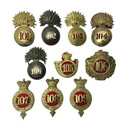 Ten cap badges of Indian interest comprising Bengal Fusiliers No.104, Bengal Infantry No.107, Royal Bengal Fusiliers No.101, Bombay Infantry No.109, Bombay L.I. No.106, two Royal Madras Fusiliers No.102, Madras Infantry No.108 and Madras L.I. No.105 (10)