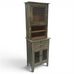 20th century pine kitchen cabinet in a green painted finish, top section with upper door w...