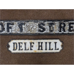  Two Victorian black and white cast iron street signs 'Delf Hill' L57cm and 'Croft Street' L130cm   