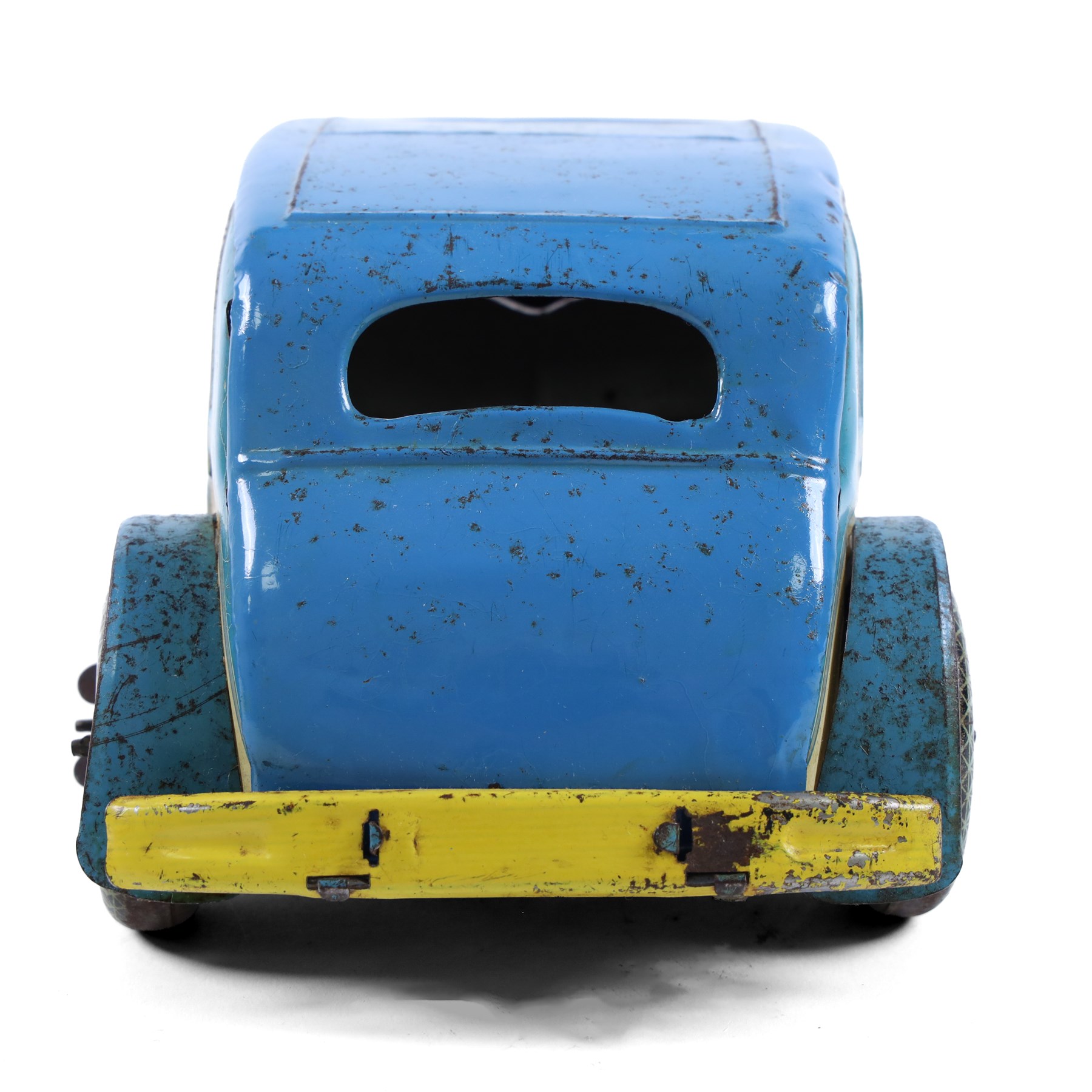 Mettoy large scale tinplate clockwork Rolls Royce, circa 1940, with cream body, blue roof and bonnet, red interior with driver, fixed key mechanism,  with electric headlights, H12cm, L35cm