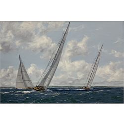 James Miller (British 1962-): 'J Class Regatta - Falmouth 2015', oil on canvas signed, titled verso 31cm x 47cm