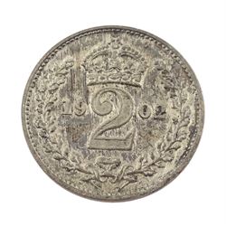 King Edward VII 1902 matt proof short coin set, comprising gold half sovereign and sovereign, silver maundy money set, sixpence, shilling, florin, halfcrown and crown, housed in the official dated case of issue