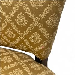 Pair of 19th century Hepplewhite style armchairs, shaped serpentine back over seat upholstered in gold damask fabric, with padded outswept arms and serpentine front rail, on moulded mahogany foreleg