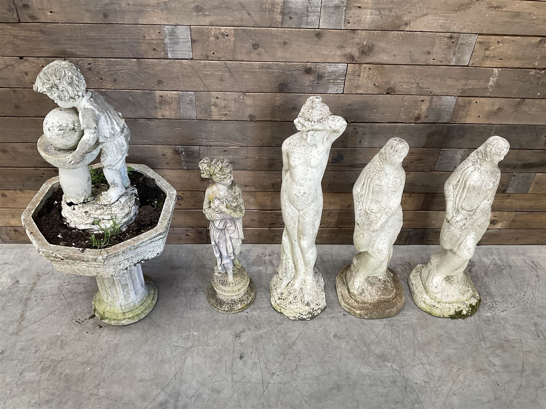 Four cast stone maiden figures, small bird bath and planter