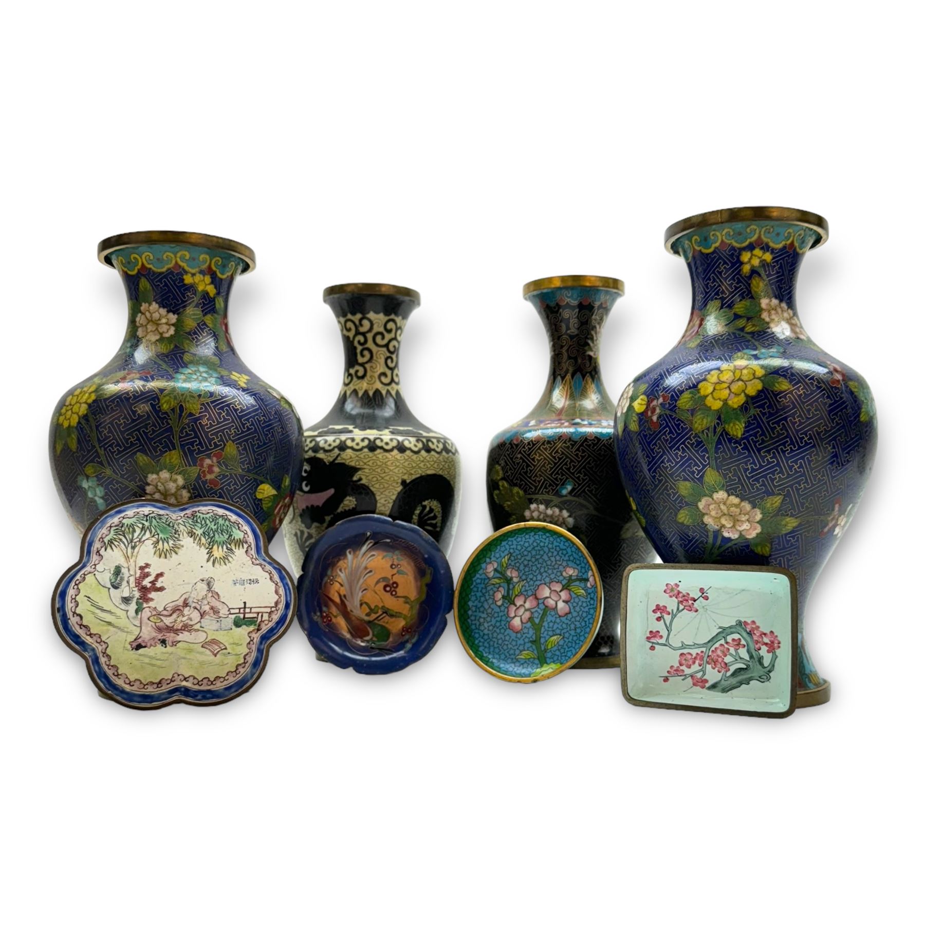 Group of four Chinese cloisonné vases, together with four cloisonné dishes, vases H24cm