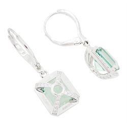 Pair of platinum African Paraiba tourmaline and diamond earrings by Scarab London, each pendant set with a modified octagonal cut tourmaline, surrounded by round brilliant cut diamonds and diamond set bail, London 2022, total tourmaline weight approx 6.12 carat, total diamond weight approx 0.74 carat, with Alan Poultney Gems report