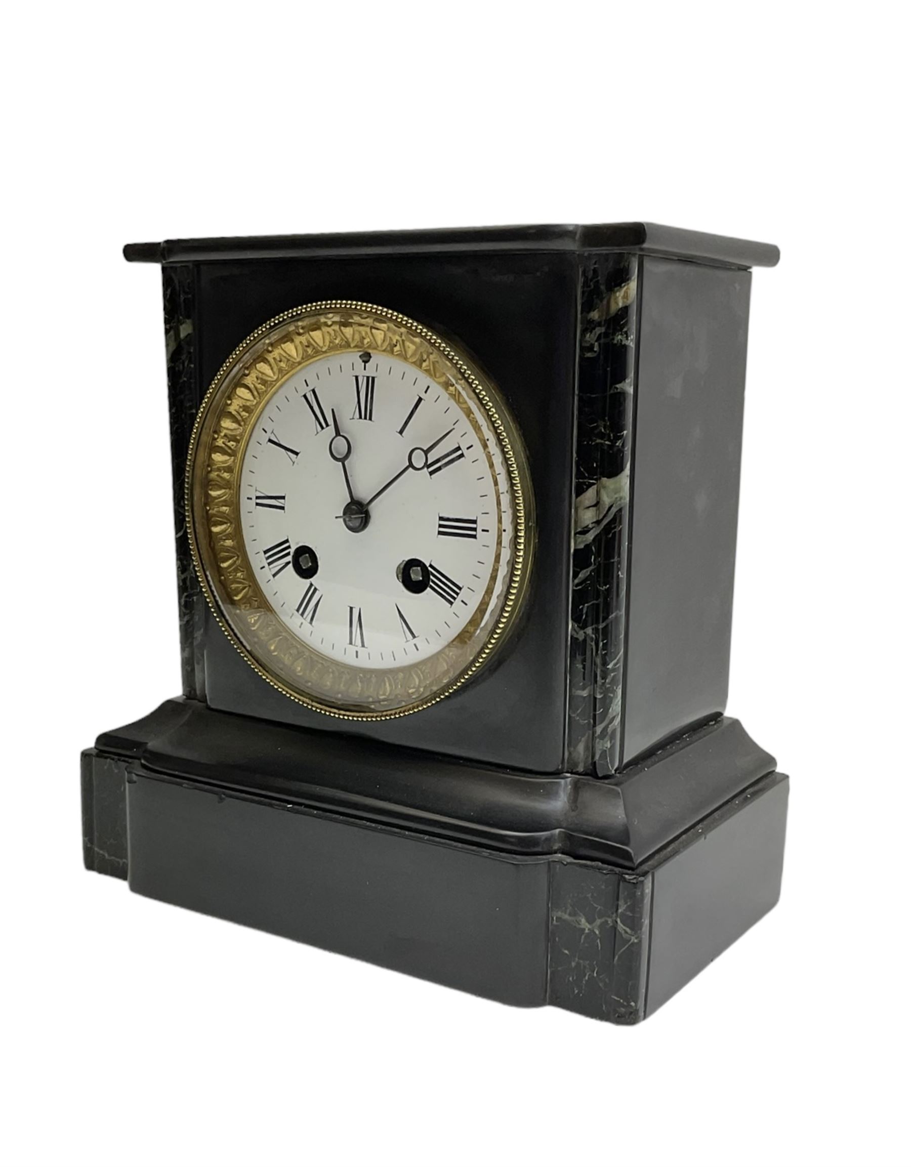 French - mid 19th century 8-day Belgium slate mantle clock in a break-front case with a flat top and varigated green marble inserts to the front, white enamel dial with Roman numerals and moon hands within a decorative glazed bezel, countwheel striking movement striking the hours and half hours on a bell. With pendulum. 