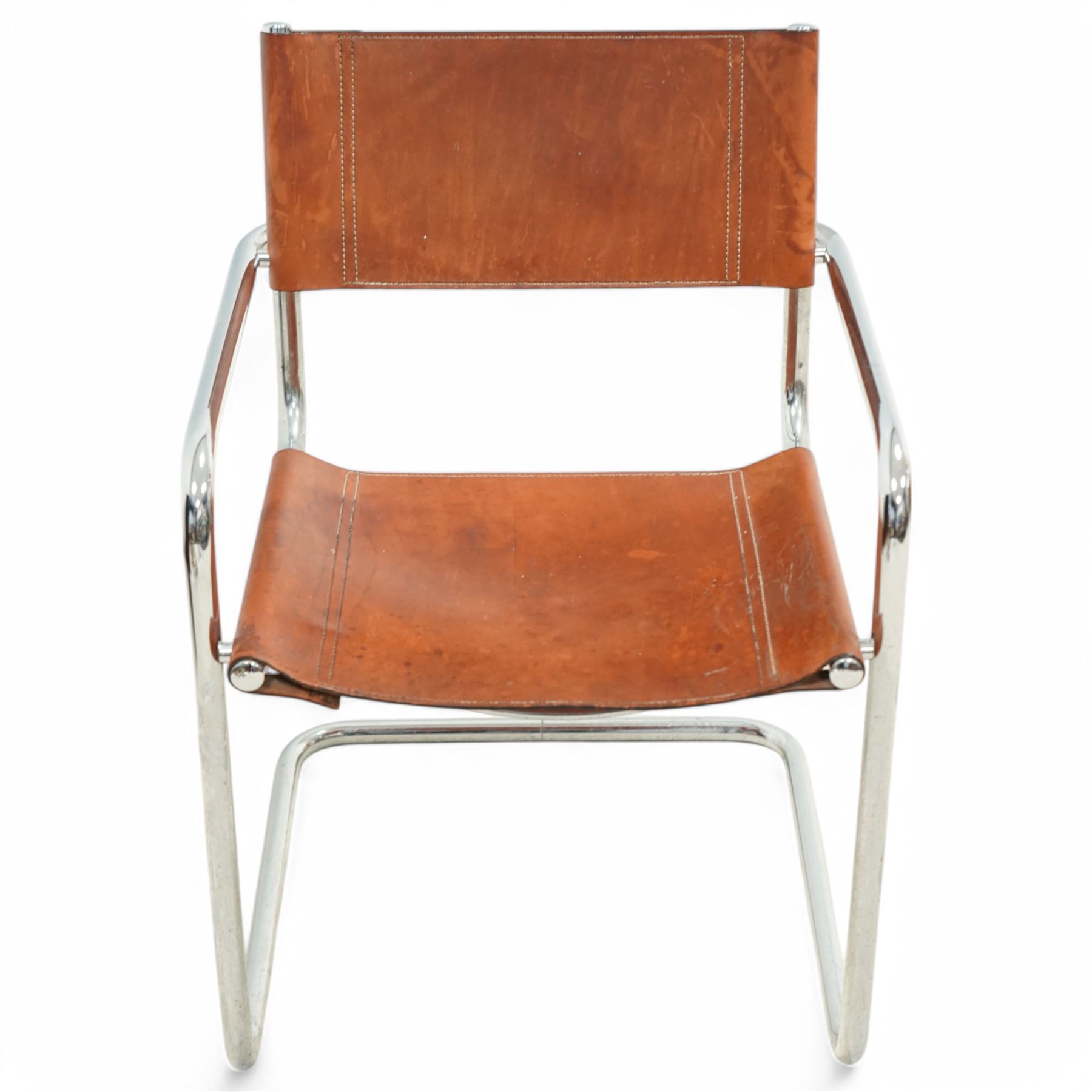 Pieff - circa. 1970s chrome framed armchair with black leather upholstered cushions (W60cm); together with a mid-20th century chrome framed chair in the manner of Mart Stam (W55cm)