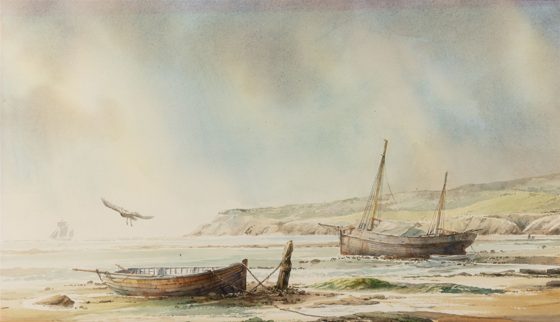 David C Bell (British 1950-): Two Boats Moored on Robin Hood's Bay, watercolour signed 34cm x 61cm