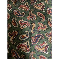 Pair thermal lined and pleated curtains, in green ground Paisley print fabric decorated with stylised Boteh motifs

Measurements: Single curtain pelmet width: 130cm. Drop height: 230cm