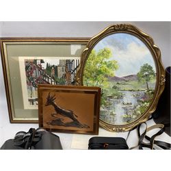 Three pairs of binoculars to include Enbeeco Concord and Bresser, Palestine police patch, framed pictures etc