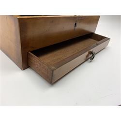 19th century satinwood box, the hinged cover with central shell inlay, opening to reveal a compartmented interior, above a lower pull out drawer, H13cm W28.5cm D24.5cm