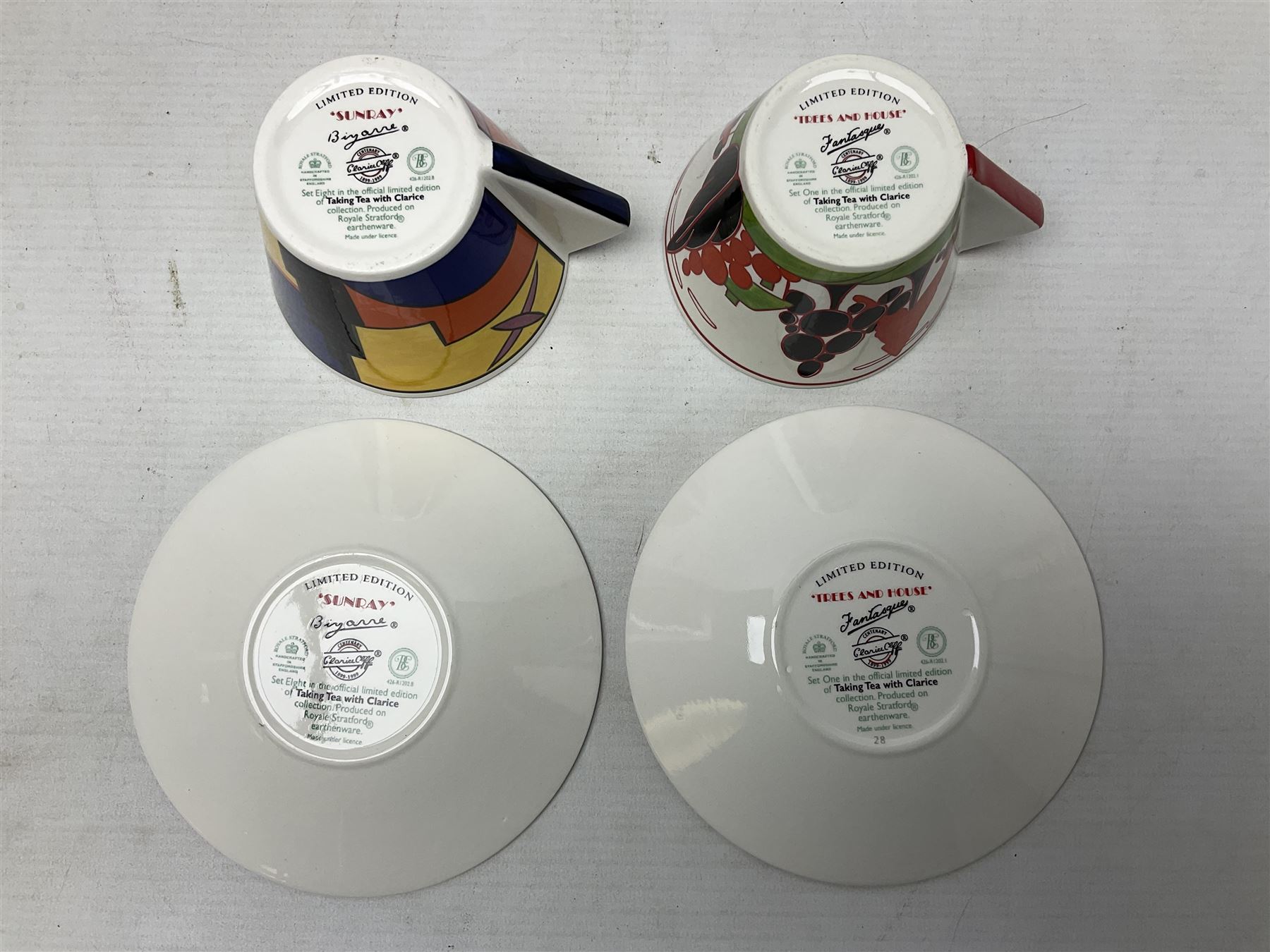 Wedgwood limited edition Clarice Cliff Design Taking Tea collection, comprising eight cups and saucers Honolulu, Apples, Gibraltar, Lilac Crocus, Trees and House, Coral Firs, Devon, and Sunray, with certificates of authenticity 