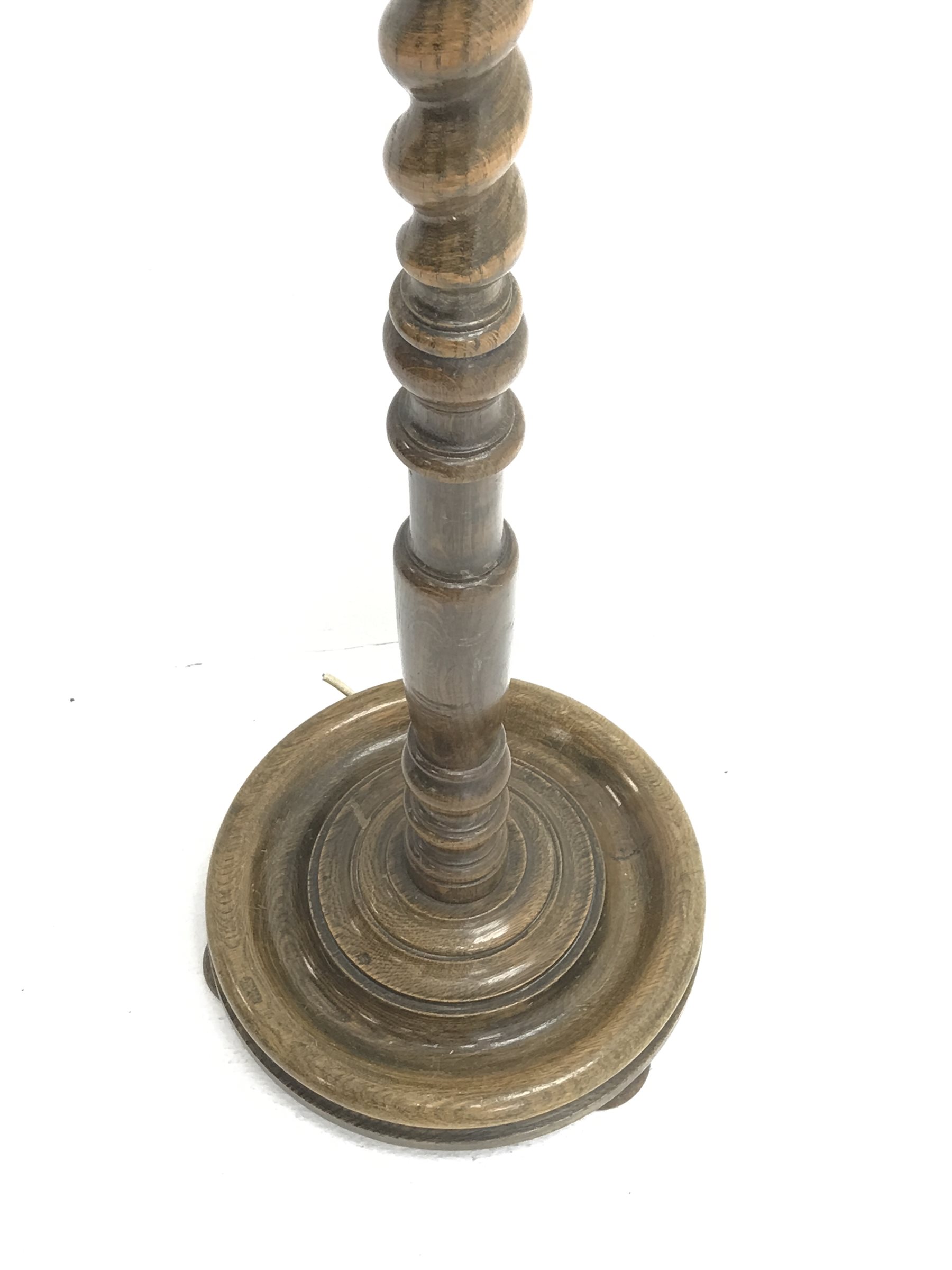 *20th century oak barley twist standard lamp with shade, H145cm (measurement excluding shade and fitting)