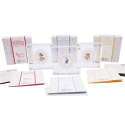 Three The Royal Mint United Kingdom Beatrix Potter silver proof fifty pence coins, 'Benjamin Bunny', 'Mrs Tittlemouse' and 'Peter Rabbit' all cased with certificates