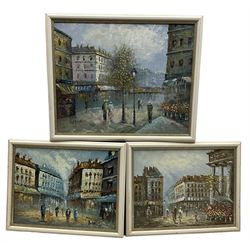 French School (20th century): Parisian Street Scenes, pair oils on canvas signed Burnett 29cm x 39cm and another larger signed V Bergen 39cm x 49cm (3)