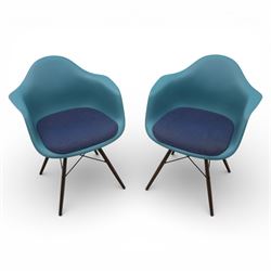 Vitra - Pair of Eames DAW armchairs, moulded plastic seats in teal with integrated armrest...