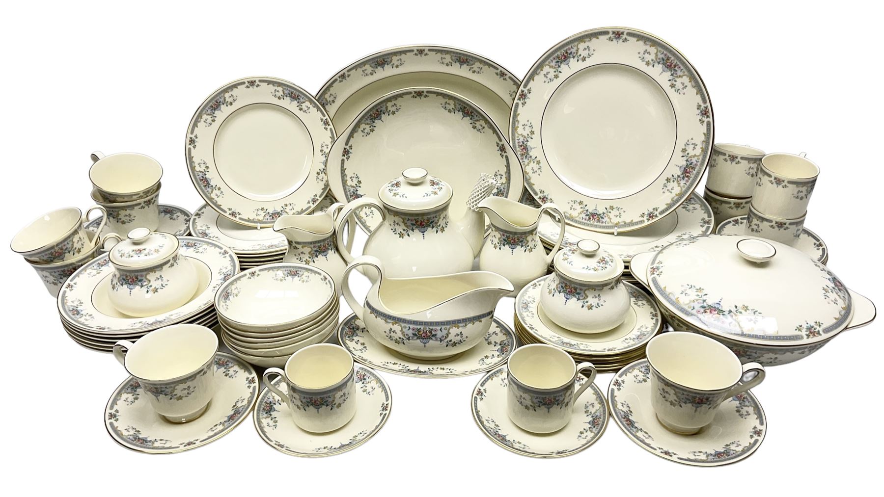 Royal Doulton Romance Collection Juliet pattern tea and dinner service for six, to include dinner plates, lidded tureen, teapot, teapots, saucers, jugs, sauce boat and stand, cake plate, coffee cans and saucers, soup bowls etc, including spares