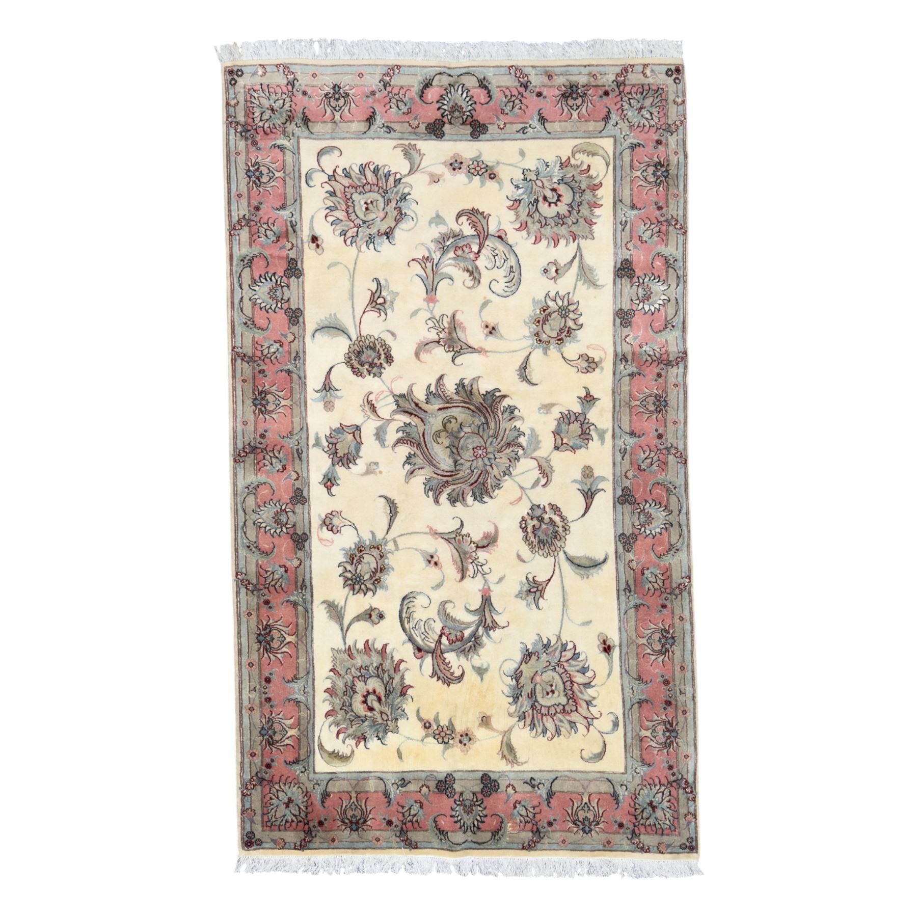 North East Persian Kashmar hand-knotted rug, ivory field with an all-over design of linked floral medallions and scrolling vines with a central circular medallion enclosed by multiple borders and a main broad madder field with palmettes and arabesques, 248cm x 145cm