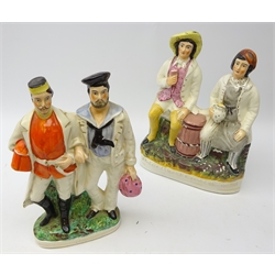  19th century Staffordshire group modelled as a Soldier and Sailor with arms linked, H31cm and Tam O Shanter and Sooter Johnny (2) Provenance: From a Private Yorkshire Collector  