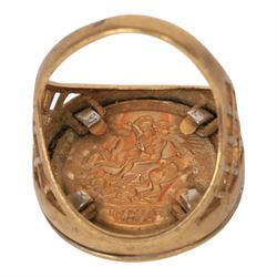 9ct gold St George coin ring, with cubic zirconia surround, hallmarked