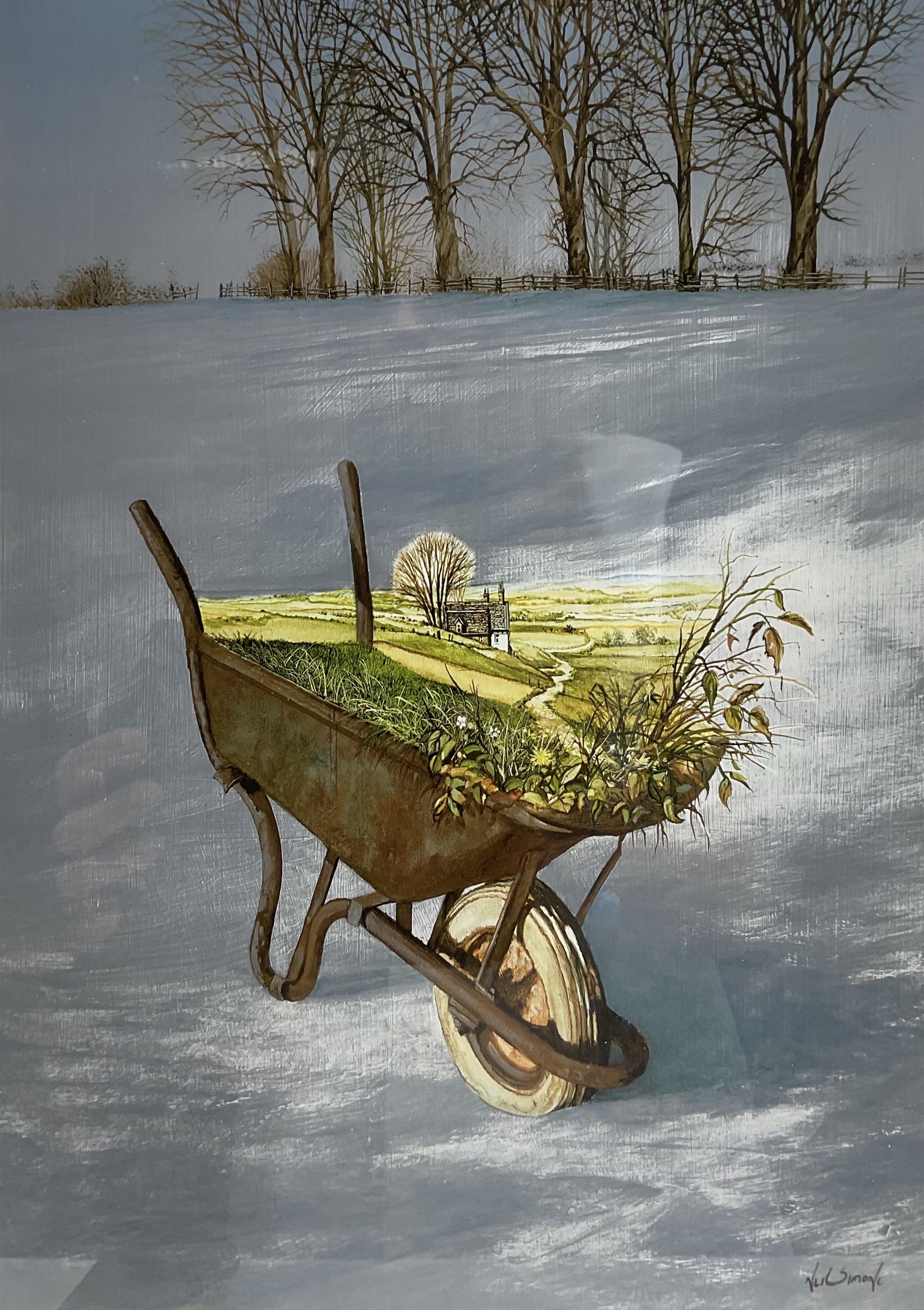 Neil Simone (British 1947-): 'Port Decanter' (with a view of Whitby Abbey), 'The House of Glass' and Wheelbarrow, set three limited edition colour prints signed in pencil 30cm x 25cm (3)