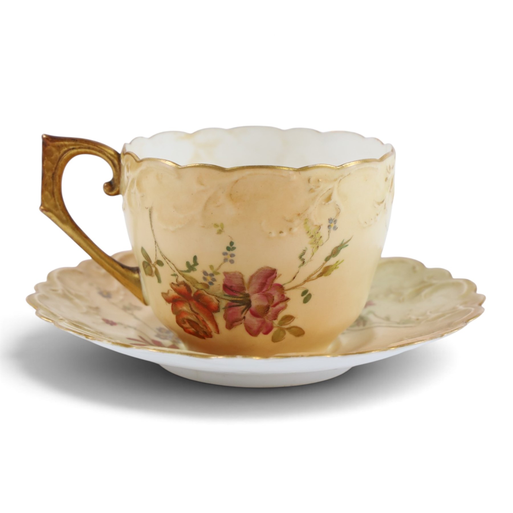 Royal Worcester blush ivory, including miniature teapot, two miniature tygs, two teacups and saucer and three miniature plates, teapot H8cm