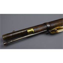  Victorian British Percussion breech loading three-band Snider type Carbine, 90cm barrel with ladder sight, plain action marked 'Tower' dated 1870 with Crown, brass trigger guard and steel ramrod, L140cm with steel socket bayonet and white leather sling  