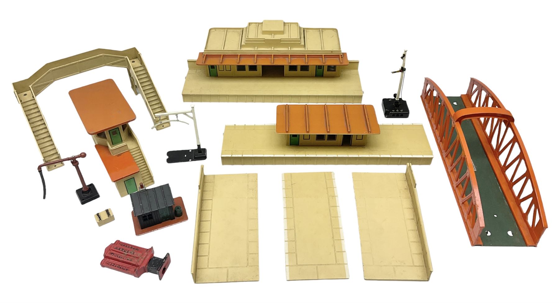 Hornby Dublo - two stations, signal box, 3-piece platform, footbridge, girder bridge etc; and other die-cast trackside and station accessories; all unboxed