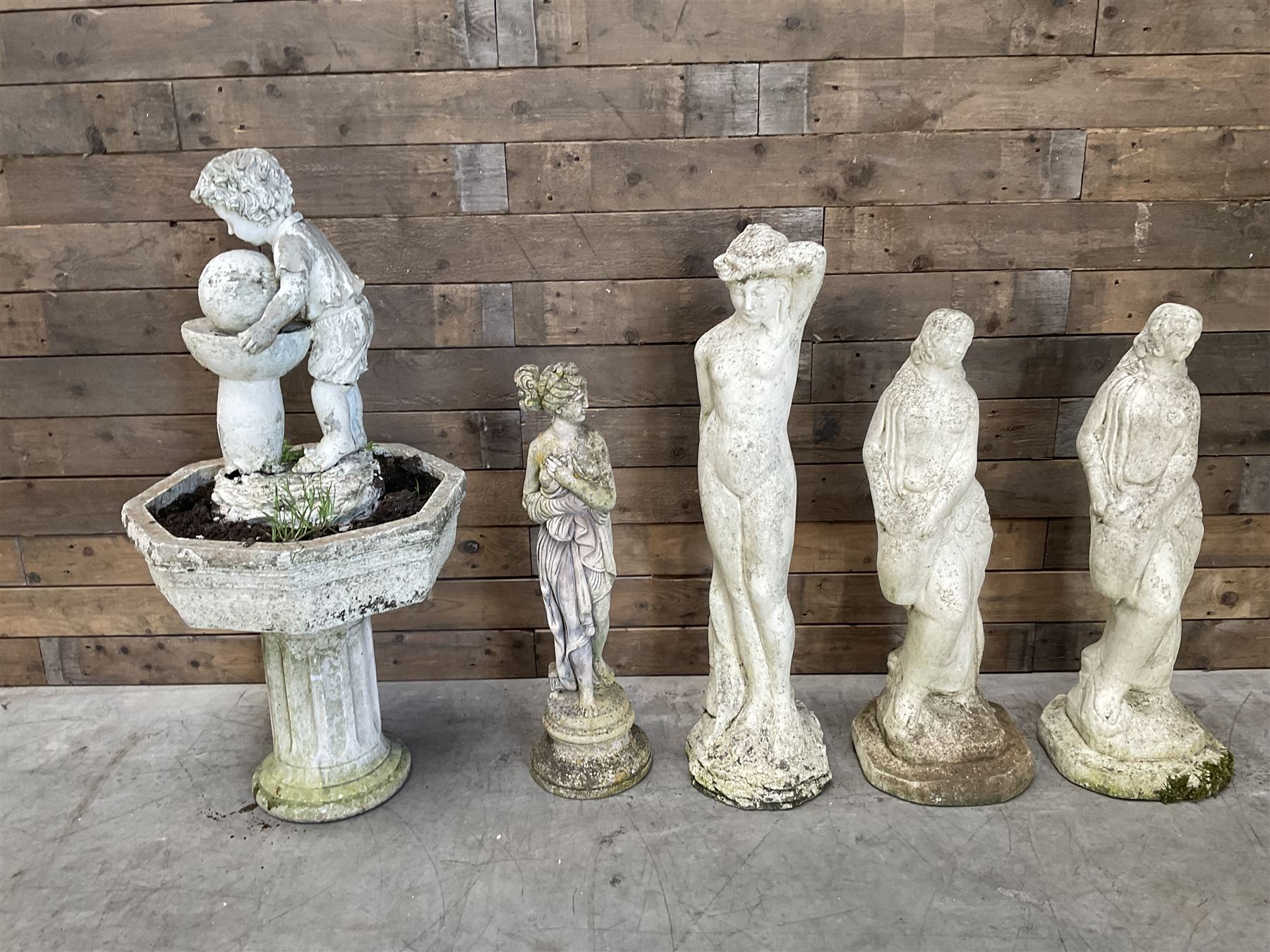 Four cast stone maiden figures, small bird bath and planter