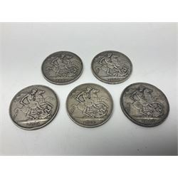 Five Queen Victoria crown coins, dated three 1889, 1897 and 1900 (5)