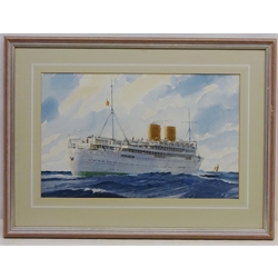  Reina del Pacifico - Steam Ship Portrait, 20th century watercolour signed by K. Glen 26cm x 41.5cm  Notes: Passenger ship of the Pacific Steam Navigation Company Built by Harland and Wolff at Belfast. Launched 23 September 1930  