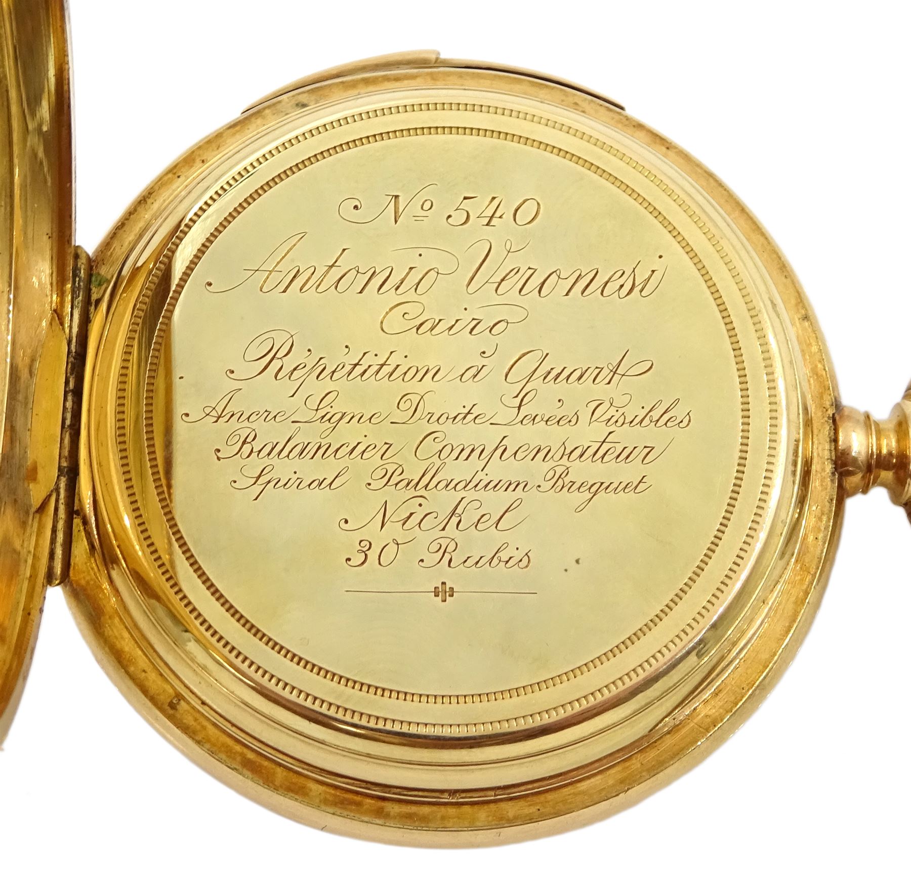 18ct gold full hunter keyless quarter repeating lever pocket watch, the gold inner dust cover engraved 'No 540 Antonio Veronesi Cairo', white enamel dial with Arabic numerals, case by Paul Jeannot  Geneve, stamped 18K