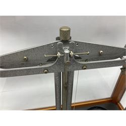 Griffin & George set of laboratory scales in fully glazed hardwood cabinet with rise-and-fall front door L44.5cm H40cm; with beech box of brass weights by Philip Harris & Co Ltd