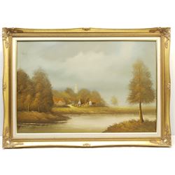 Continental School (20th century): River Flowing Through Forest , oil on canvas signed Serge 39cm x 49cm in heavy gilt frame; Rachel R (British Contemporary): Flatland Lakeside Landscape, oil on canvas signed 60cm x 90cm (2)