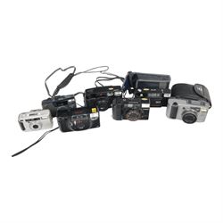 Collection of cameras including two Minolta AF-E, Pentax Zoom 90, Samsung AF 200, Pentax E...