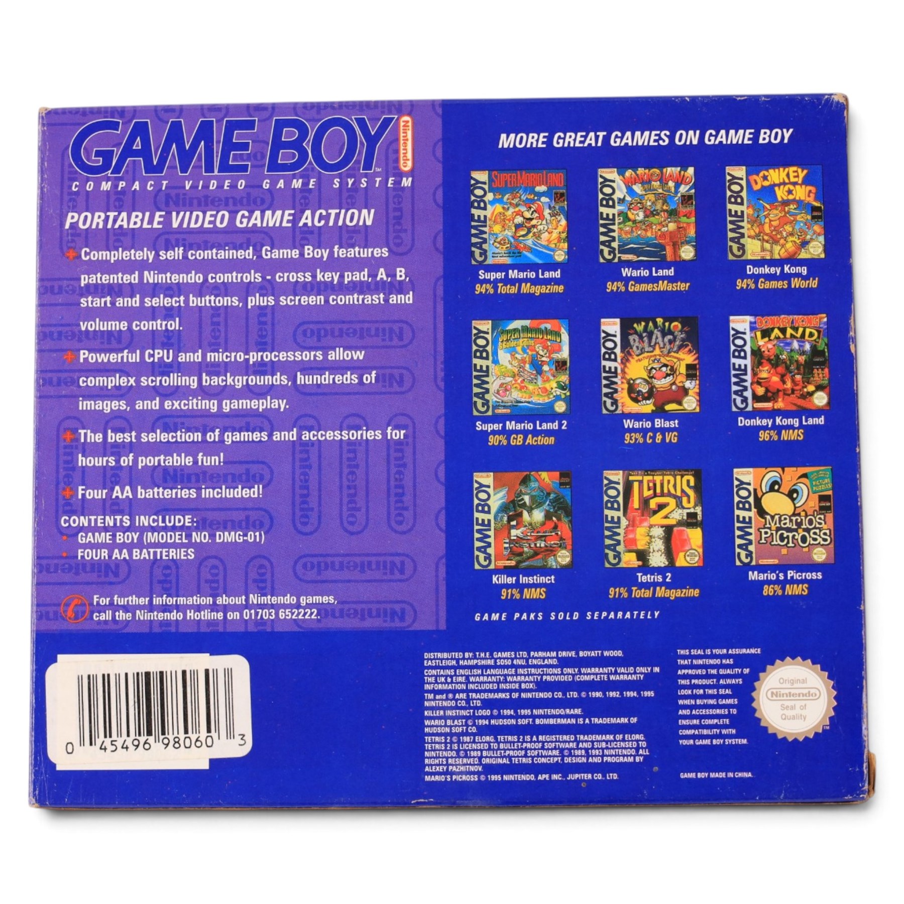 Nintendo Gameboy handheld game console in black, boxed, with seven games comprising Pokemon Blue, Arcade Classic 3: Galaga and Galaxian, Tetris, Tetris 2, Wario Blast, Arcade Classics Super Breakout Battlezone and Arcade Classics 1 Asteroids and Missile Command, all unboxed